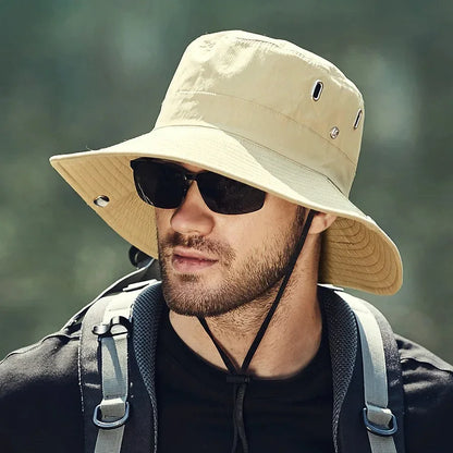 New Men's Wide Brim Sun Sombrera - Sombrero de cubo de safari de protección UV impermeable para pescar escalada escalando al aire libre de gran tamaño
