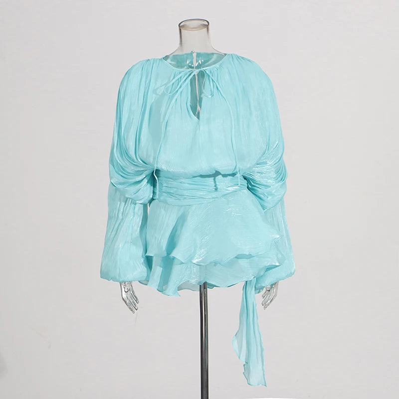 Galcaur Solid Loose Splicd Lace Up Dresses For Women V Neck Lange ermer Patchwork Ruffles Tunika Dreses Female Fashio Ny