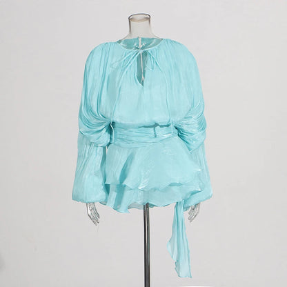 Galcaur Solid Loose Splicd Lace Up Dresses For Women V Neck Lange ermer Patchwork Ruffles Tunika Dreses Female Fashio Ny