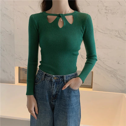 2024 Ny efterår og vinter Women's Slim Stræk sexet pullover Hollow Solid Color Sweater Slim Bottoming Shirt Sweater Ladies