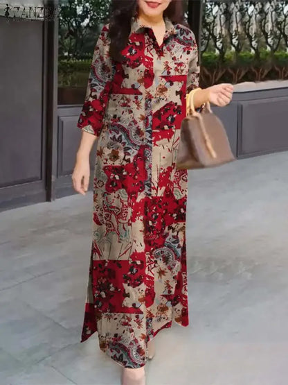 Zanzea Kvinder 3/4 ærme Lange kjoler Fall 2024 Fashion Lapel Neck Cotton Shirtdress Vintage Floral Print Maxi Shirt Dress Ny i