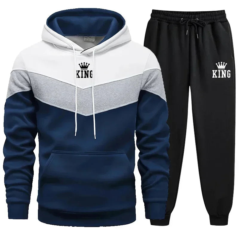 Herre Tracksuit King Printing Sports Suit Sports Hoodie+Pants 2 Pit Suit Casual Sweatshirt Suit Jogging Men's Splicing Tøj