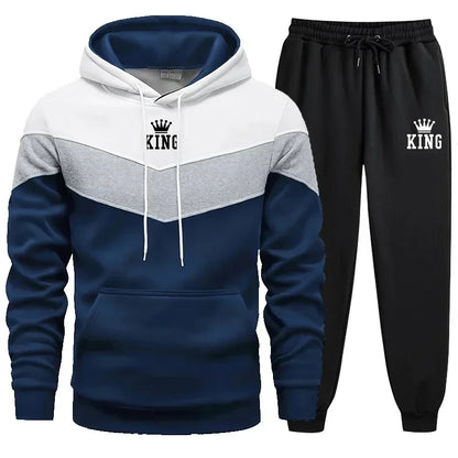 Herre Tracksuit King Printing Sports Suit Sports Hoodie+Pants 2 Pit Suit Casual Sweatshirt Suit Jogging Men's Splicing Tøj