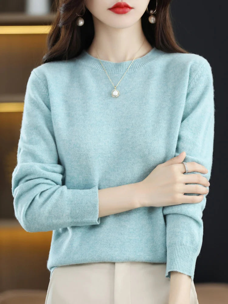 Mode 100% merino ull kvinnors tröja o-hals långärmad pullover vår höst vinter bast Jumper kläder stickkläder toppar