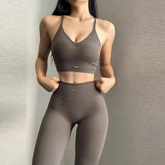 Women's fitness suit, V-neck bra yoga set sports high waisted leggings, tight fitting and shaping