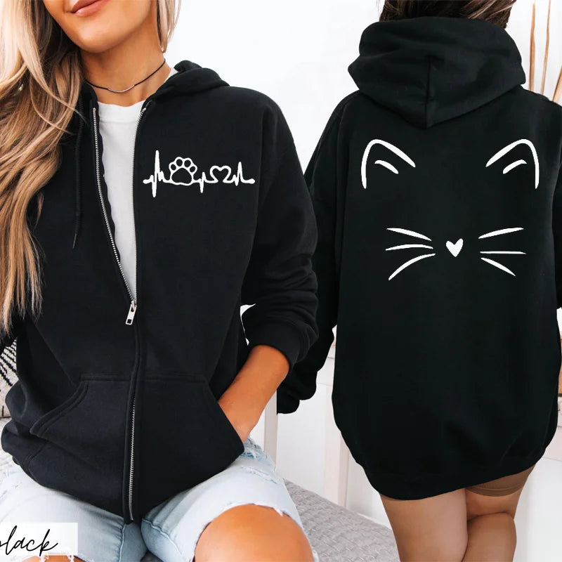 Women Zipper Hoodie Clothes Autumn Winter New Cute Cat Heatbeat Sweatshirt Hip Hop Streetwear Women Zip Up Jacket Coat Clothing