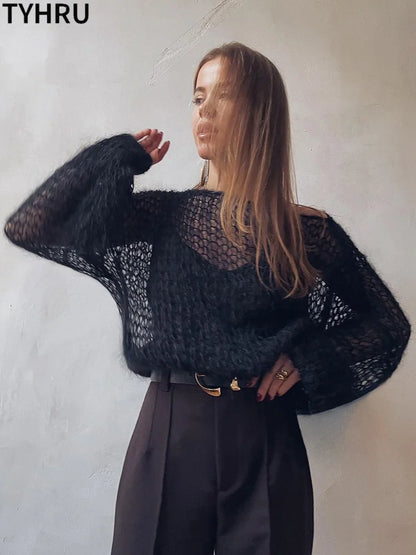 TYHRU Women's Knitted Sweaters Lady Hollow out Mesh Thin Pullover See Through Look Lantern Sleeve Loose Tops Smock