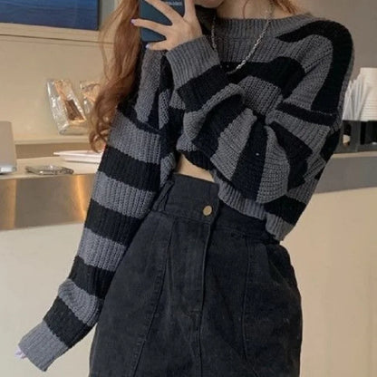 Novi korejski stil Striped obrezani pulover ženske vintage prevelike pletene skakalke ženske jeseni z dolgimi rokavi O-izrez puloverji vrhovi