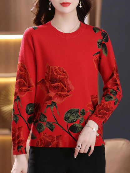 YISU Fashion Women Sweater O-Neck Knitted pullove long sleeves Female Casual Loose soft Rose printing Women clothing