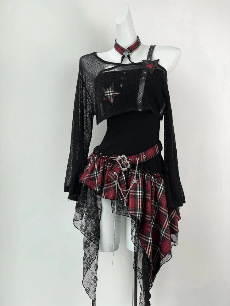 Gothic Hot Girl American Fashion 2 pièces Set Femmes Blouse noire + Chic Robe irrégulière Nouveau désir pur Slim Vintage Suit Summer