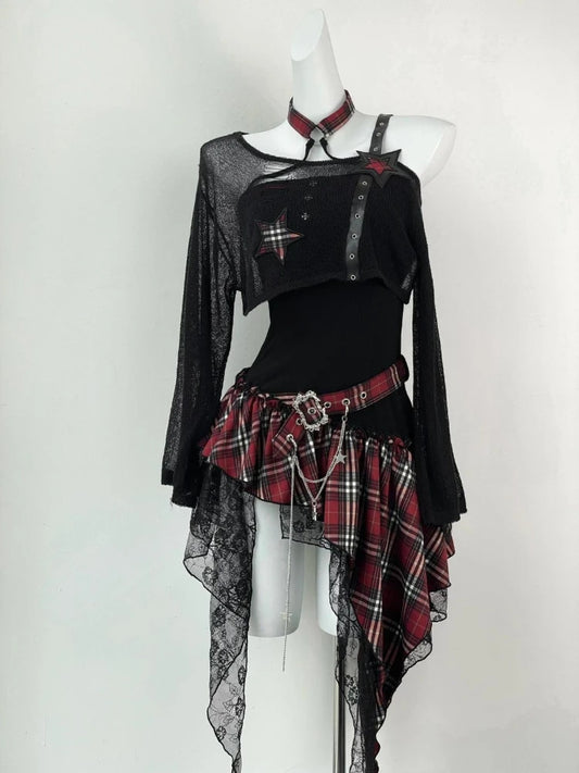 Gothic Hot Girl American Fashion 2 Piece Set Women Black Blouse + Chic Irregular Dress New Pure Desire Slim Vintage Suit Summer