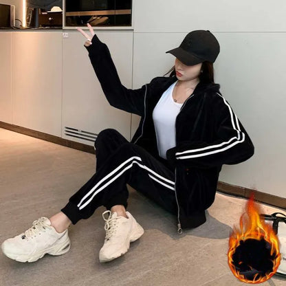 Winter Women Thick Warm Fleece Liner Sport Tracksuit Side Striped Hooded Jacket Outdoor Running Set Velvet Jogging Training Sets