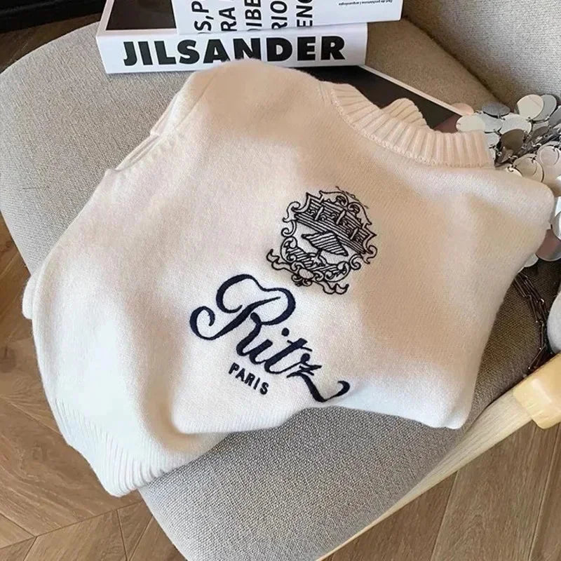 Letters Embroidery Pullover Sweater 2025 Spring Autumn Women Round Neck Long Sleeve Knitwear Jumper Female Casual Design Tops