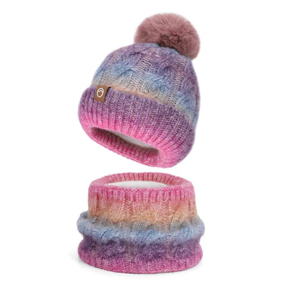 2pc/Set Winter Warm Ear Protecting Knitted Cap Scarf Fleece Thickened Gradient Color Knitted Woolen Cap Pom Ball Pullover Cap