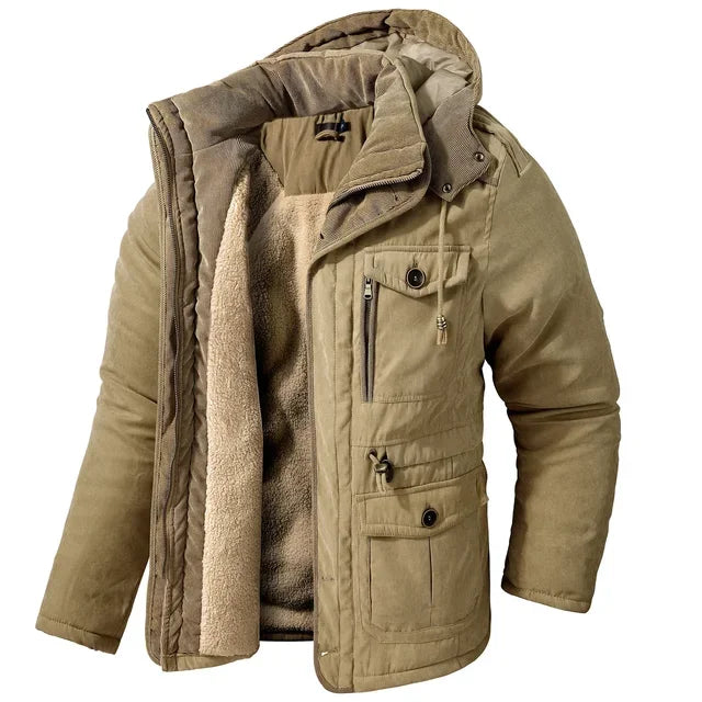Men's Jacket WINTER USA SIZE Large SIZE Lamb Fleece JACKETS Hooded Cotton Thickened Multi Pocket Casual Mid length Coat