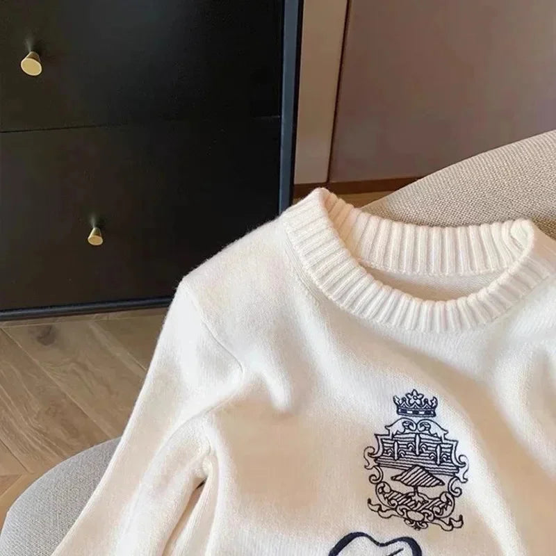 Letters Embroidery Pullover Sweater 2025 Spring Autumn Women Round Neck Long Sleeve Knitwear Jumper Female Casual Design Tops