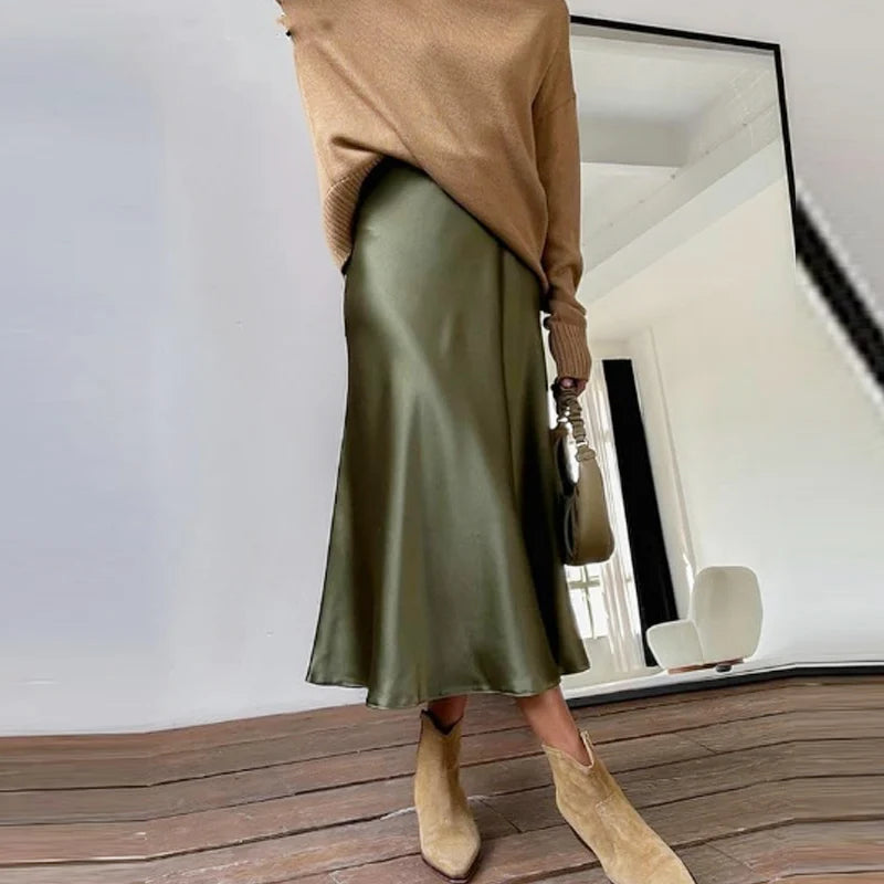 HXAO Women's Satin Long Skirts Black White Green Khaki Skirt Summer Elegant Women's Skirts Luxury Smooth High Waist Skirts 066