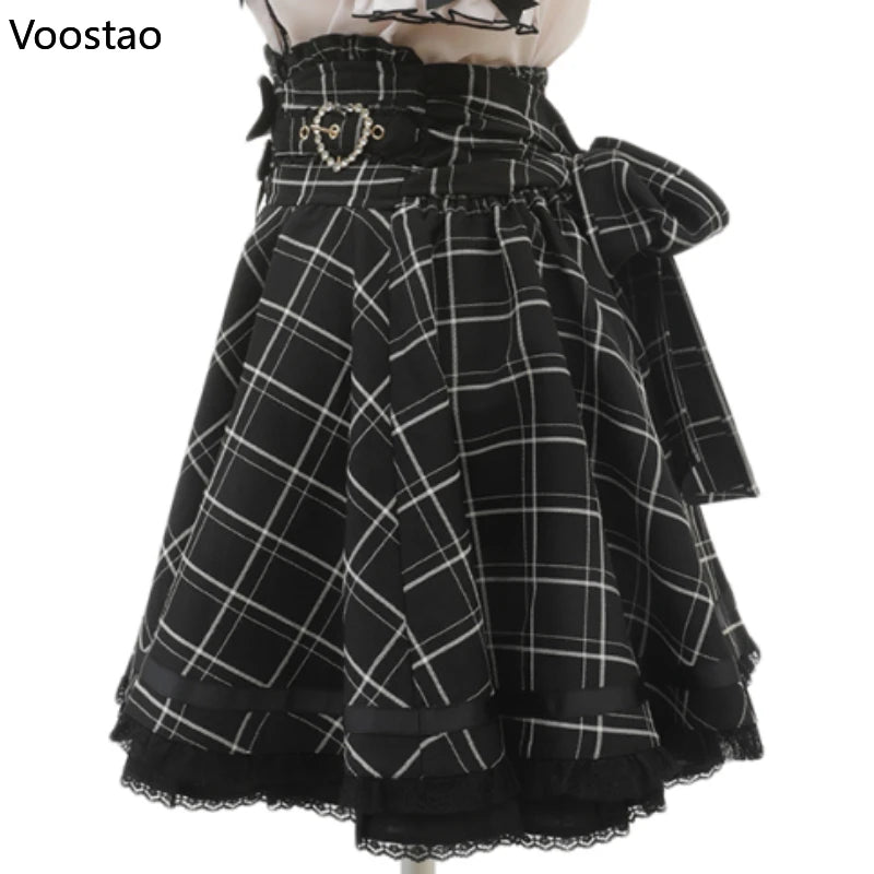 Gothic Lolita trak dvojna premca z visokim pasom krilo ženske sladke bisere Buckle čipkaste krilo japonsko luštno a-line mini krila