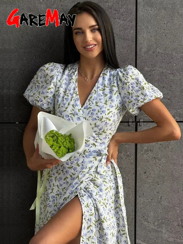 Abito lungo per le donne estive 100% Cotton A-Line Abiti di Midi Muslino con Fiodi laterali Fiori Elegante abito Beige per donne