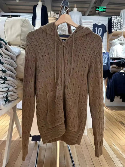 Cardigans de malha rosa de flor torcido Mulheres Autumn Capuzes Capuz Zipper suéter sólido Súlito doce solto casacos y2k