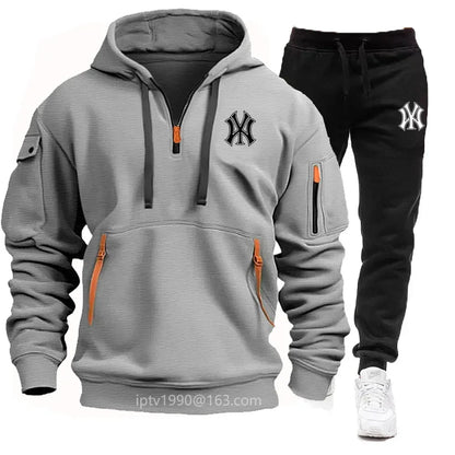 Spring et automne 2025 Sweat à capuche à fermeture éclair multi-poche pour hommes, ensemble de pantalons de survêtement en 2 pièces, vêtements de sport de fitness décontractés