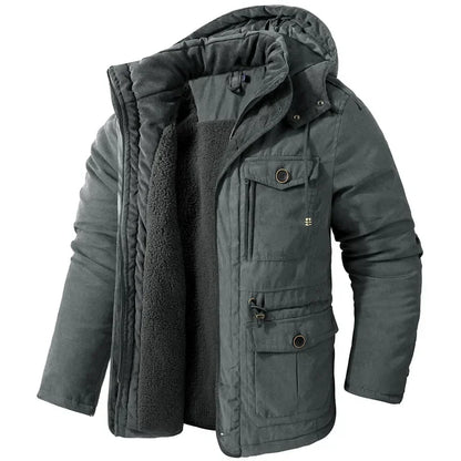 Men's Jacket WINTER USA SIZE Large SIZE Lamb Fleece JACKETS Hooded Cotton Thickened Multi Pocket Casual Mid length Coat