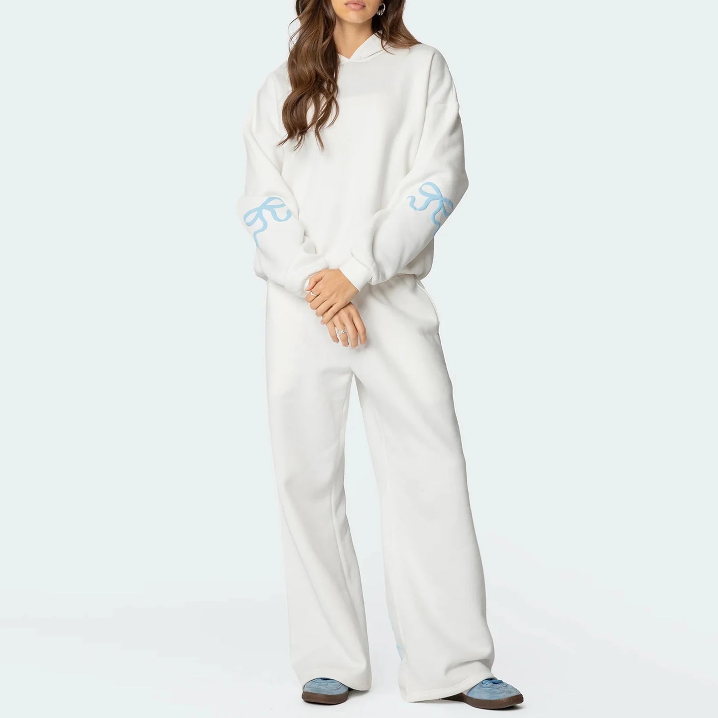 Combhasaki Womens 2Piece Y2K Loose Outfits Set Bow Print Long Sleeve Hooded Pullover Sweatshirts + Elastic Waist Pants Tracksuit