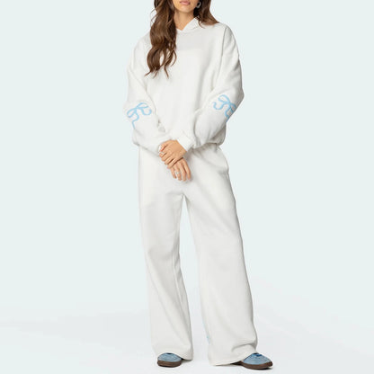 Combhasaki Womens 2Piece Y2K Loose Outfits Set Bow Print Long Sleeve Hooded Pullover Sweatshirts + Elastic Waist Pants Tracksuit