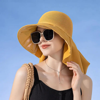 Summer Women Bucket Hat with Shawl Breathable Mesh Face Neck Protection Sun Hat Bow Pleat Wide Brim Hat Travel Beach Cap