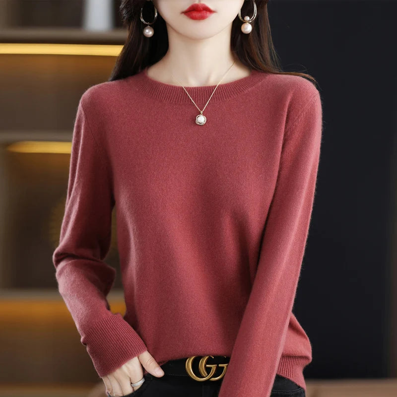100% pure wool cashmere sweater women's O-neck pullover casual knitted coat autumn and winter women's coat basic 18 colors