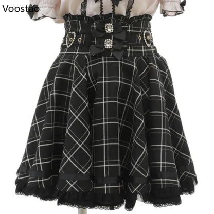 Gothic Lolita trak dvojna premca z visokim pasom krilo ženske sladke bisere Buckle čipkaste krilo japonsko luštno a-line mini krila