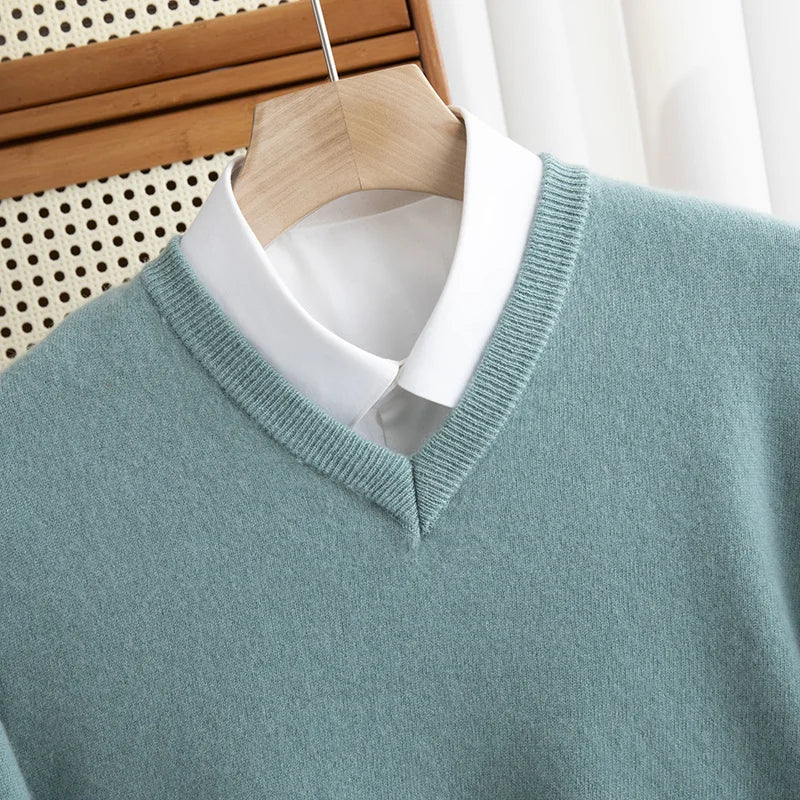 Men 100% Merino Wool Sweater V-Neck Pullover Autumn Winter Cashmere Warm Solid Knitwear Clothes Business Bottoming Soft Tops