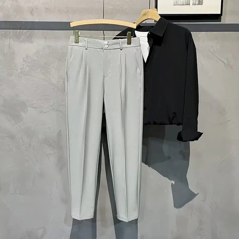 Straight Slim Fit Man 9 Cropped Suits Pants Vintage Elegant Suit Trousers for Men Summer 2025 Work Wear Fashion Luxury Clothing