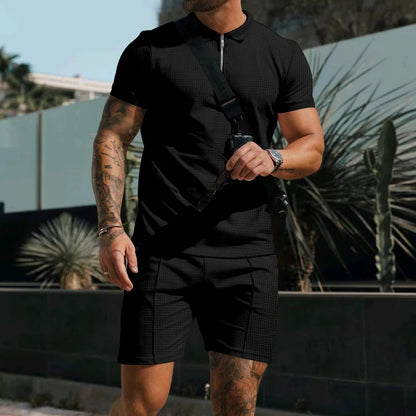 Heren comfortabel wafelpolo shirt met korte mouwen en shorts set - ademende lichtgewicht lente/zomerkleding