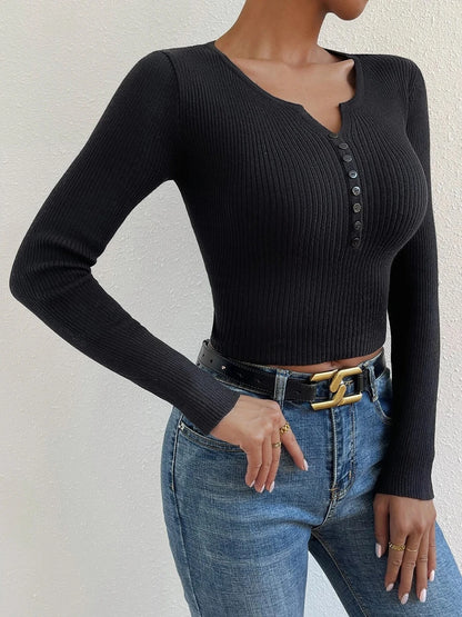 Nuove donne Falf abbottonate a costine Maglietta a maniche lunghe a manica lunghe V Magione a v Rilievo femme slim y2k cupolo pullover maglia
