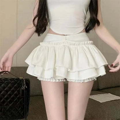 Shorts chique coreano chique em camadas de balé kawaii chique doce princesa mini saias elegantes elástica cintura alta saia combinando