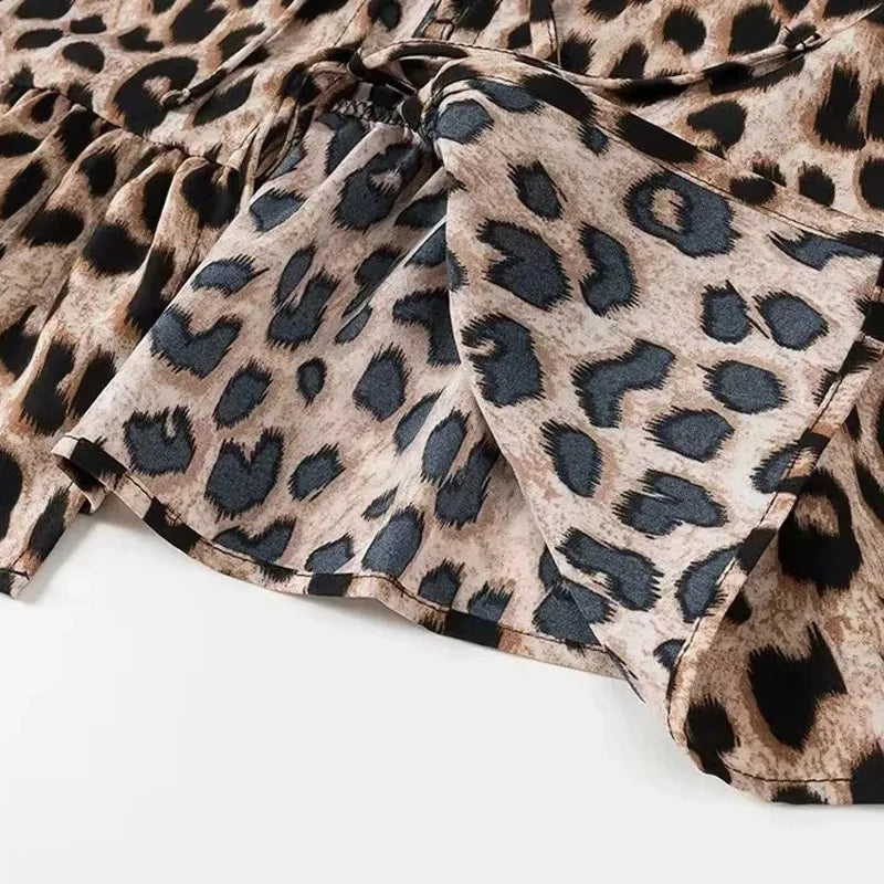 Mujer Leopard Print Crop Top Women Puff Sleeve Ruffle Bluses Woman 2025 Summer Shirts and Bluses for Women Ruched Ladies Tops