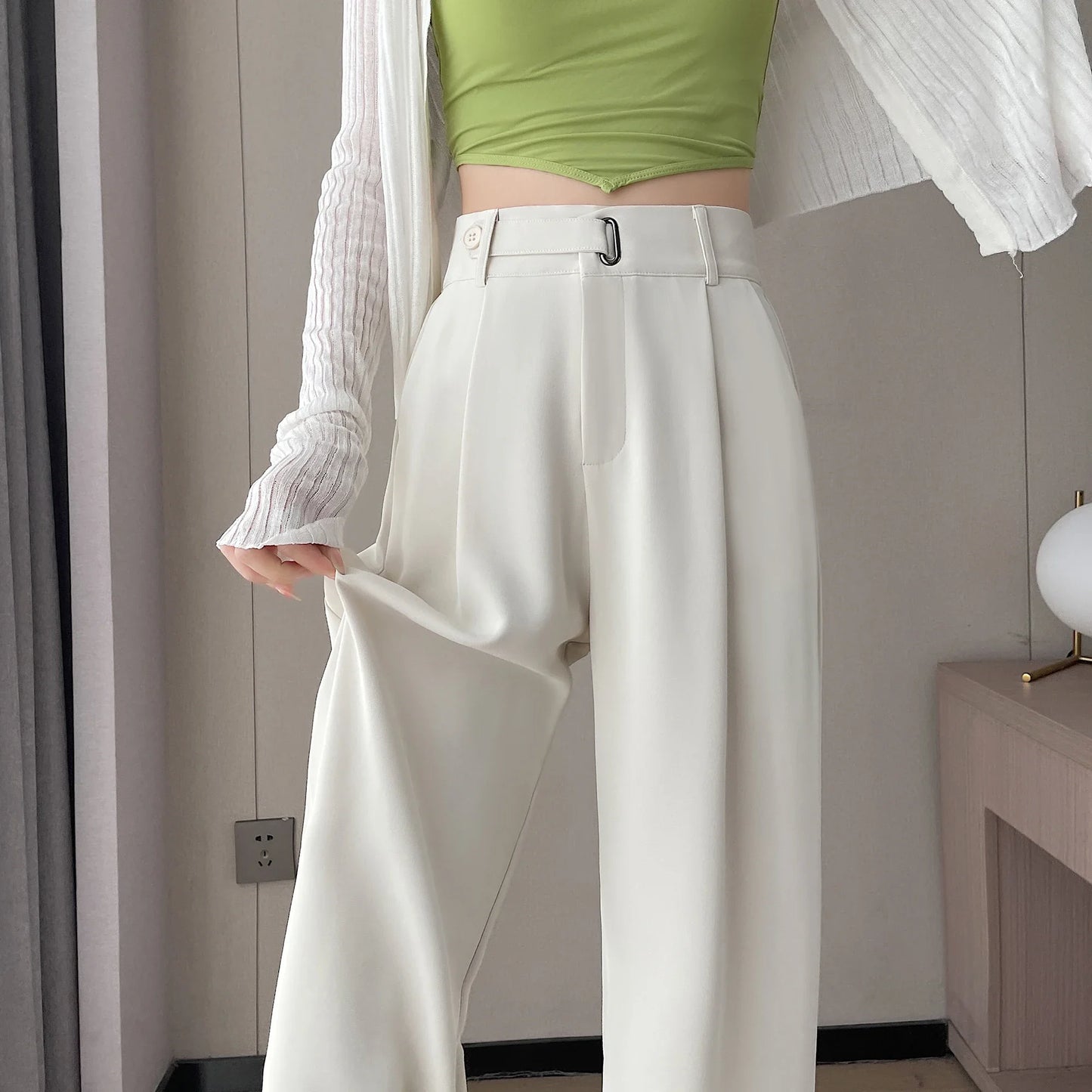 Seoulish Summer Women's Casual Pants Wide Leg Pants Elegant Office Lady 2024 New Solid Color High Waist Loose Bukser Kvinne