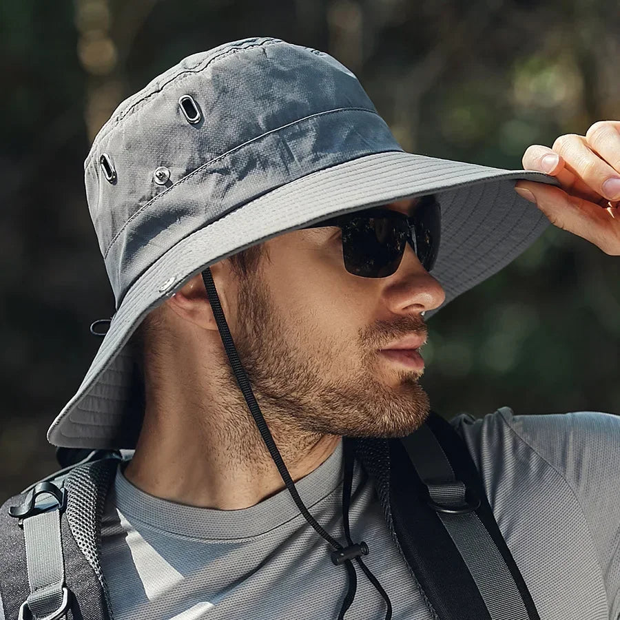 New Men's Wide Brim Sun Sombrera - Sombrero de cubo de safari de protección UV impermeable para pescar escalada escalando al aire libre de gran tamaño