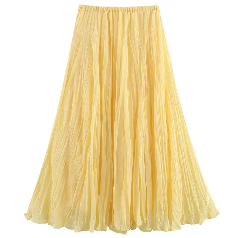 Falda de mujer Hxao Falda amarilla plisada Summer 2025 Faldas largas de cintura Midi Midi Falda de vacaciones casual elegantes