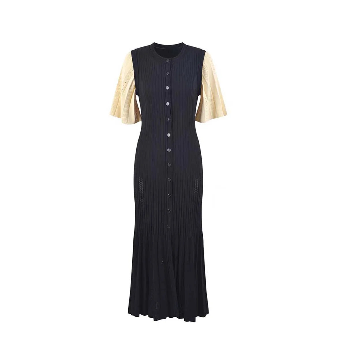 Sommermodische modische Openwork French Slimming A-Line Kurzarm gestricktes Kleid, Fishtail Long Kleid für Frauen