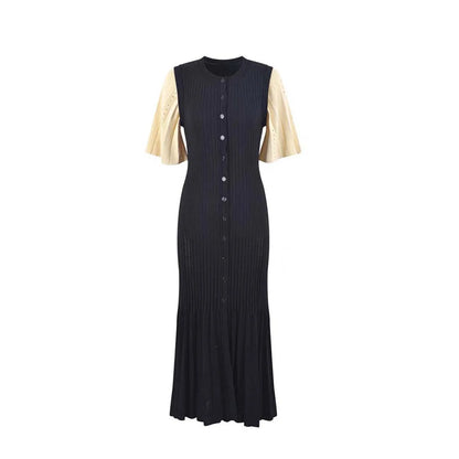 Sommermodische modische Openwork French Slimming A-Line Kurzarm gestricktes Kleid, Fishtail Long Kleid für Frauen