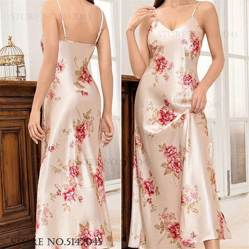 Women Long Nightgown Chemise Sleepwear Print Flower Suspender Nightdress Intimate Lingerie Summer Silk Satin Homewear Loungewear