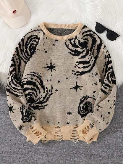 Novo Popular Street Ripped Ripped Starry Sky Padrão Pullover rasgado suéter casual Round Neck Knit