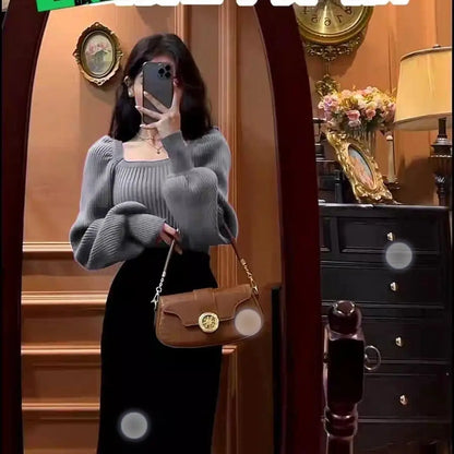 Autumn Square Collar Warm Sweaters Fashion Korean Solid Loose Knit Jumper Elegant Long Sleeve All Match Pullover Sweater M53