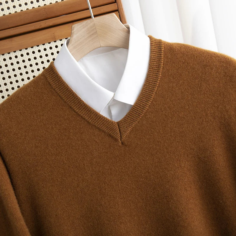 Men 100% Merino Wool Sweater V-Neck Pullover Autumn Winter Cashmere Warm Solid Knitwear Clothes Business Bottoming Soft Tops