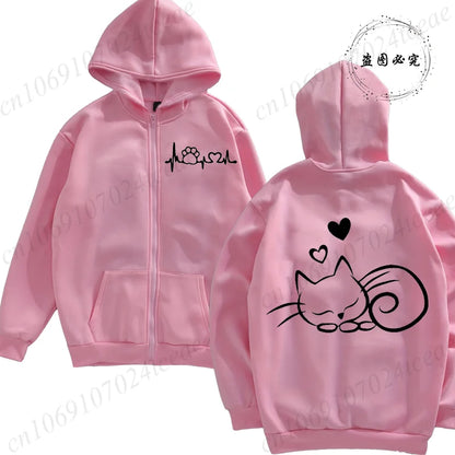 Women Zipper Hoodie Clothes Autumn Winter New Cute Cat Heatbeat Sweatshirt Hip Hop Streetwear Women Zip Up Jacket Coat Clothing