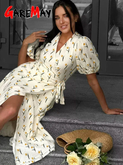 Abito lungo per le donne estive 100% Cotton A-Line Abiti di Midi Muslino con Fiodi laterali Fiori Elegante abito Beige per donne
