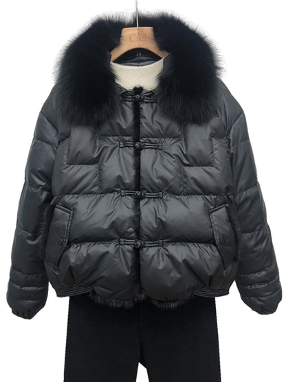 Lagabogy 2025 Real Fox Fur Collar Winter Women 90% White Duck Down Jacket Lady Short Warm Puffer Coat Female Loose Vintage Parka