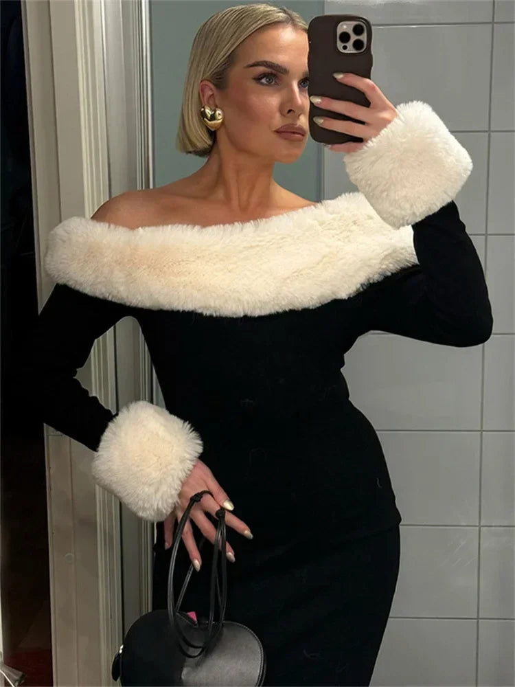 Tosy fluffy winter schlank maxi kleid weibliche hohe taille langhülle sexy sexy offschuld patchwork bodycon ladies Party Kleid